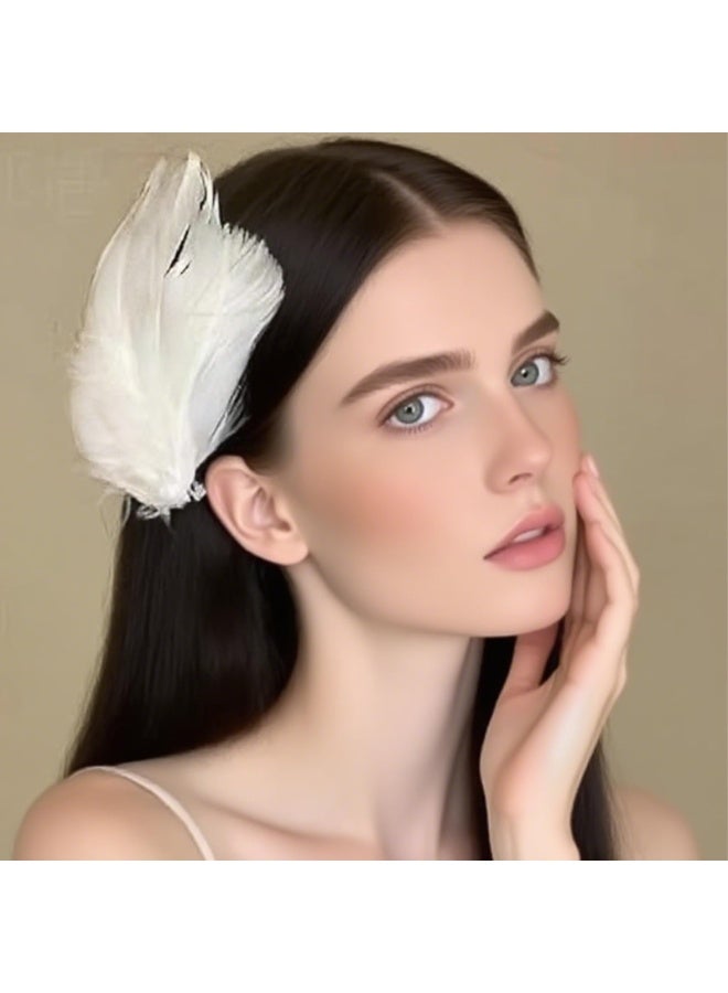 2Pcs White Feather Hair Clips - Ballet Style Artificial Swan & Ostrich Feather with Faux Pearl - Wedding Engagement Birthday Party Stage Accessories for Women - Image 4